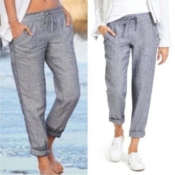 ATHLETA 100% LINEN ANKLE CROP CAPRI PANTS WOMEN’S SIZE 0 GRAY HEATHERED POCKETS - Picture 1 of 16